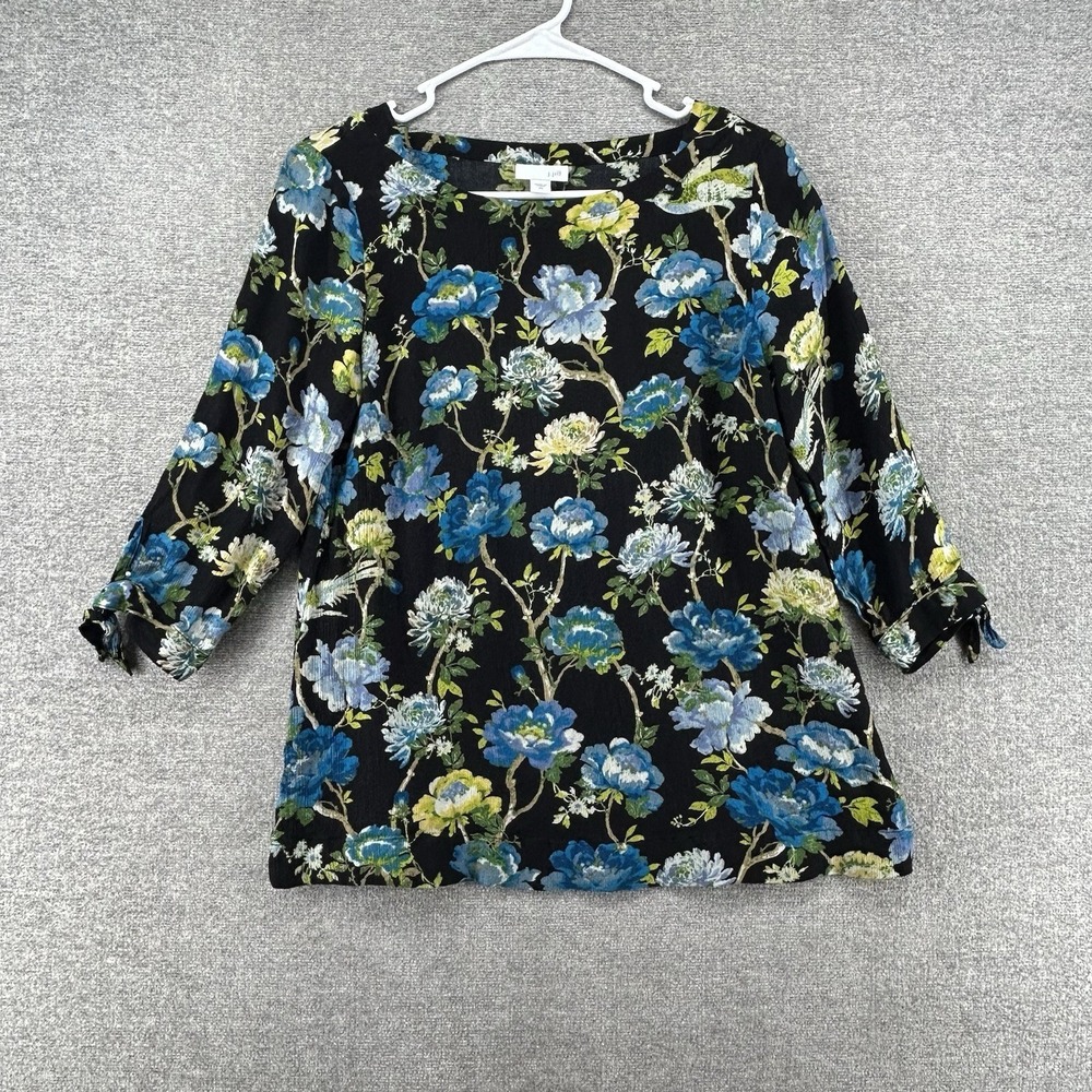 J Jill Blouse Top Women Size XS Black Floral 3/4 Sleeve Casual